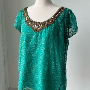 Anthropologie teal Embellished Cap Sleeve Blouse